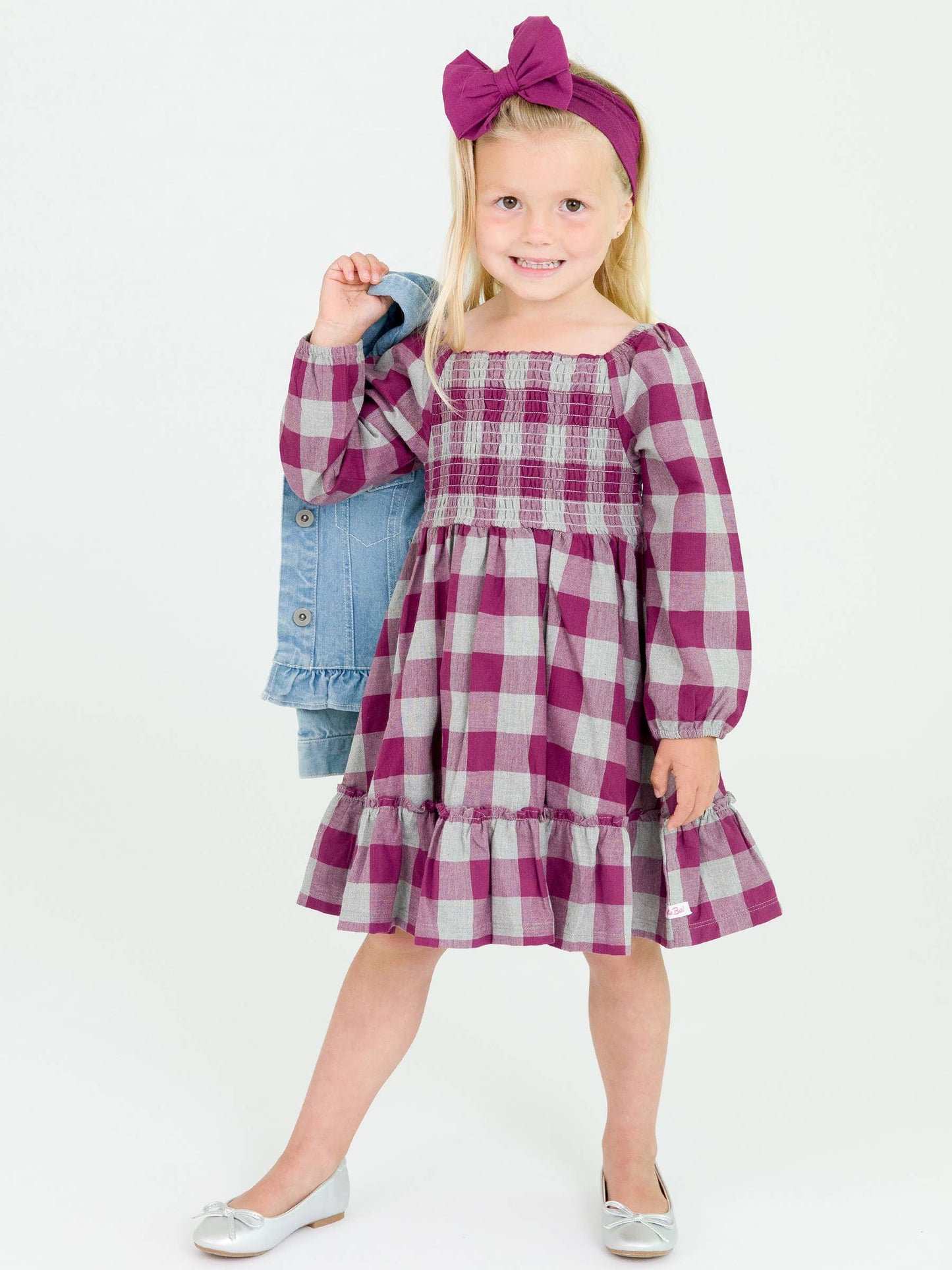 RuffleButts + RuggedButts - Girls Hartford Plaid Long Sleeve Smocked Ruffle Hem Dress