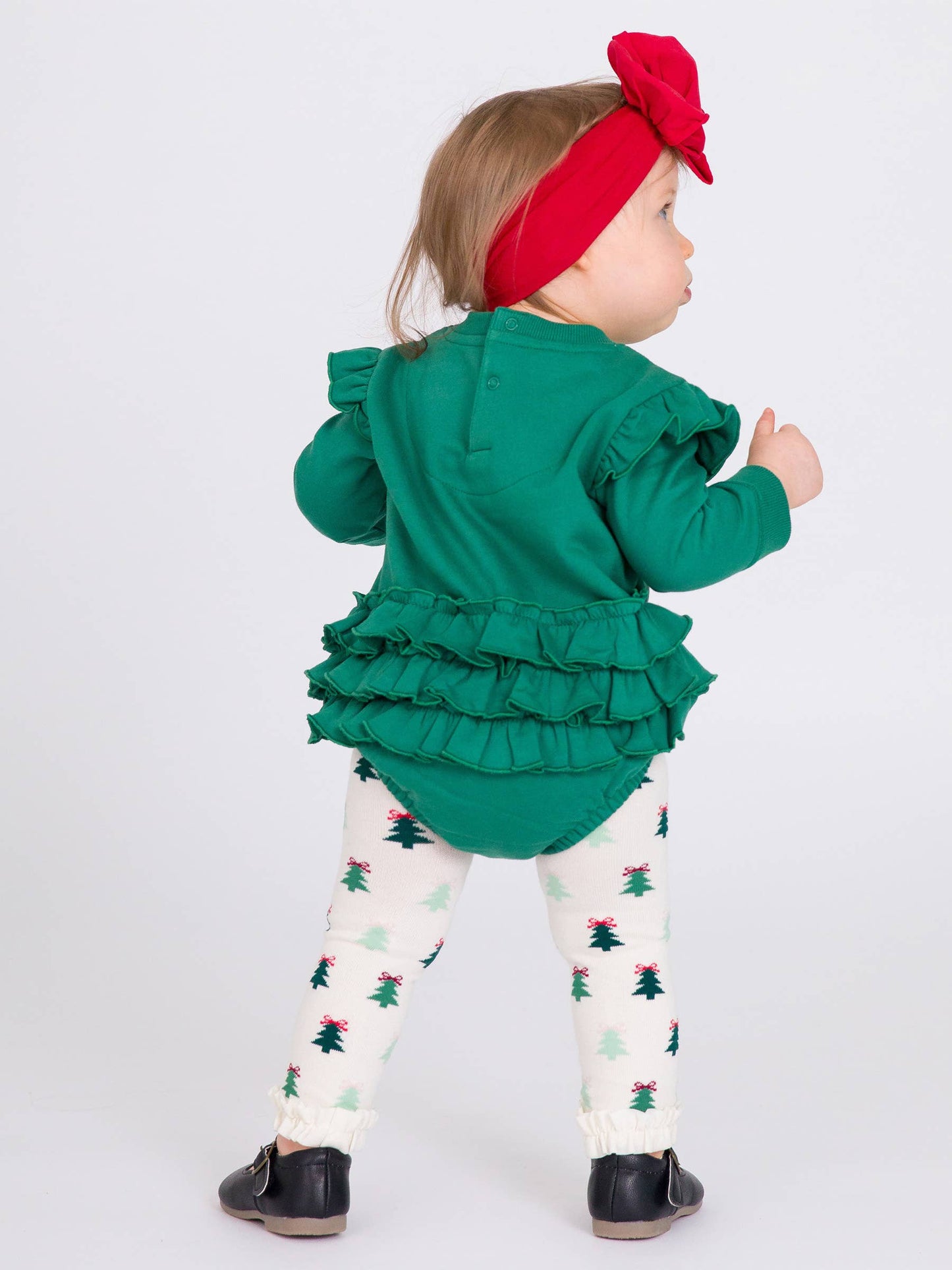 RuffleButts + RuggedButts - Baby Girls Fir Green Sweatshirt Bubble Romper