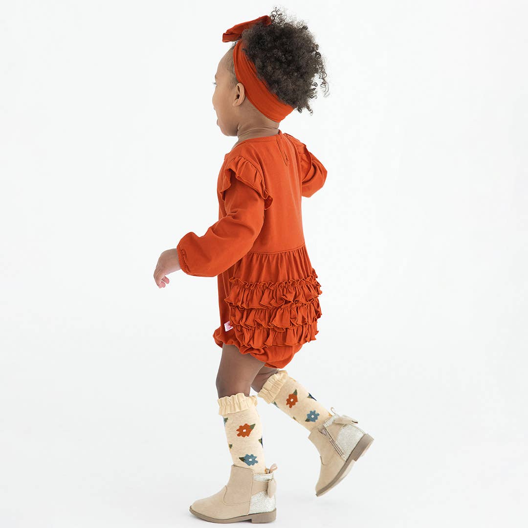 RuffleButts + RuggedButts - Baby Girls Rust Knit Long Sleeve Flutter Bubble Romper