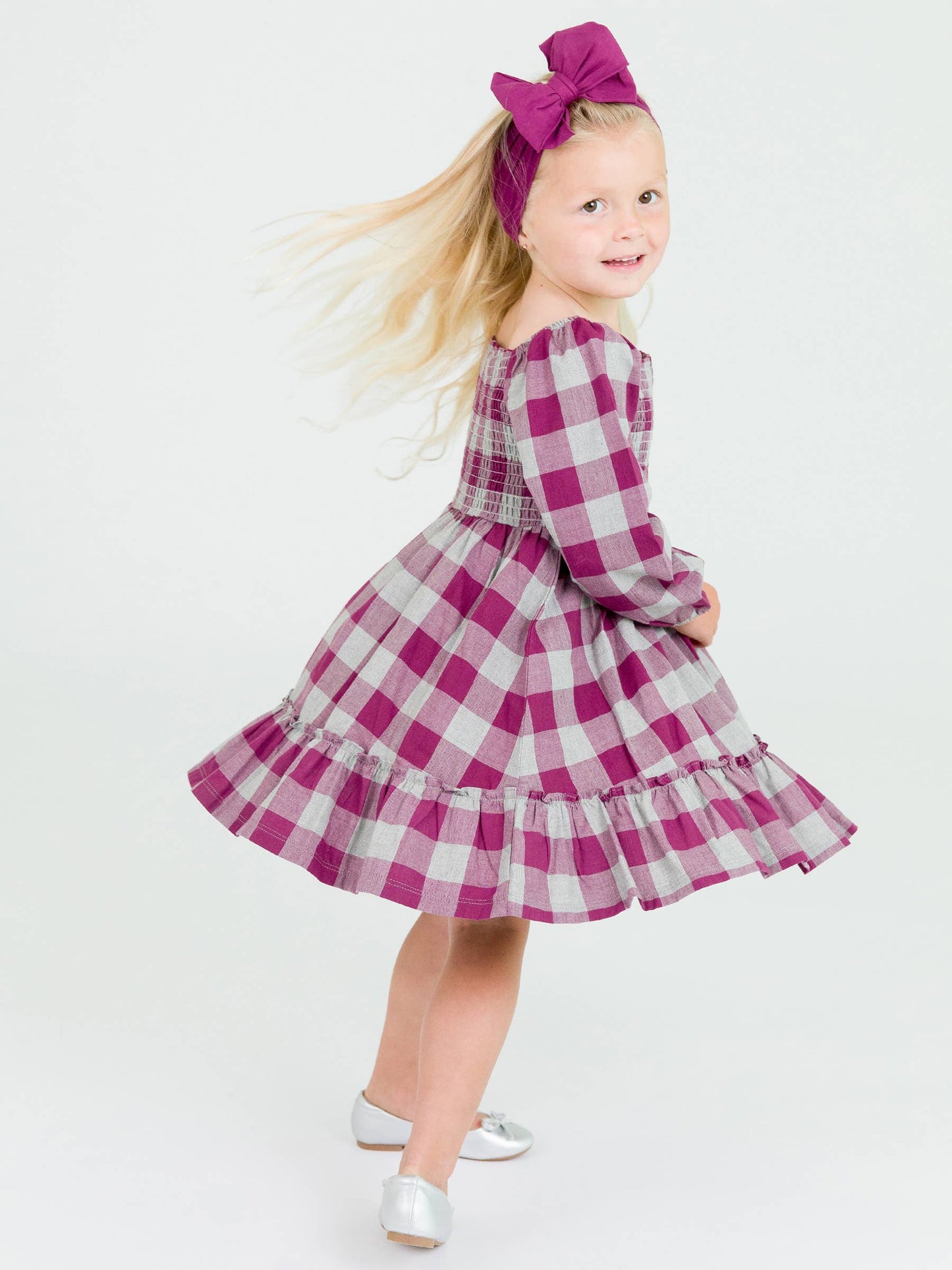 RuffleButts + RuggedButts - Girls Hartford Plaid Long Sleeve Smocked Ruffle Hem Dress