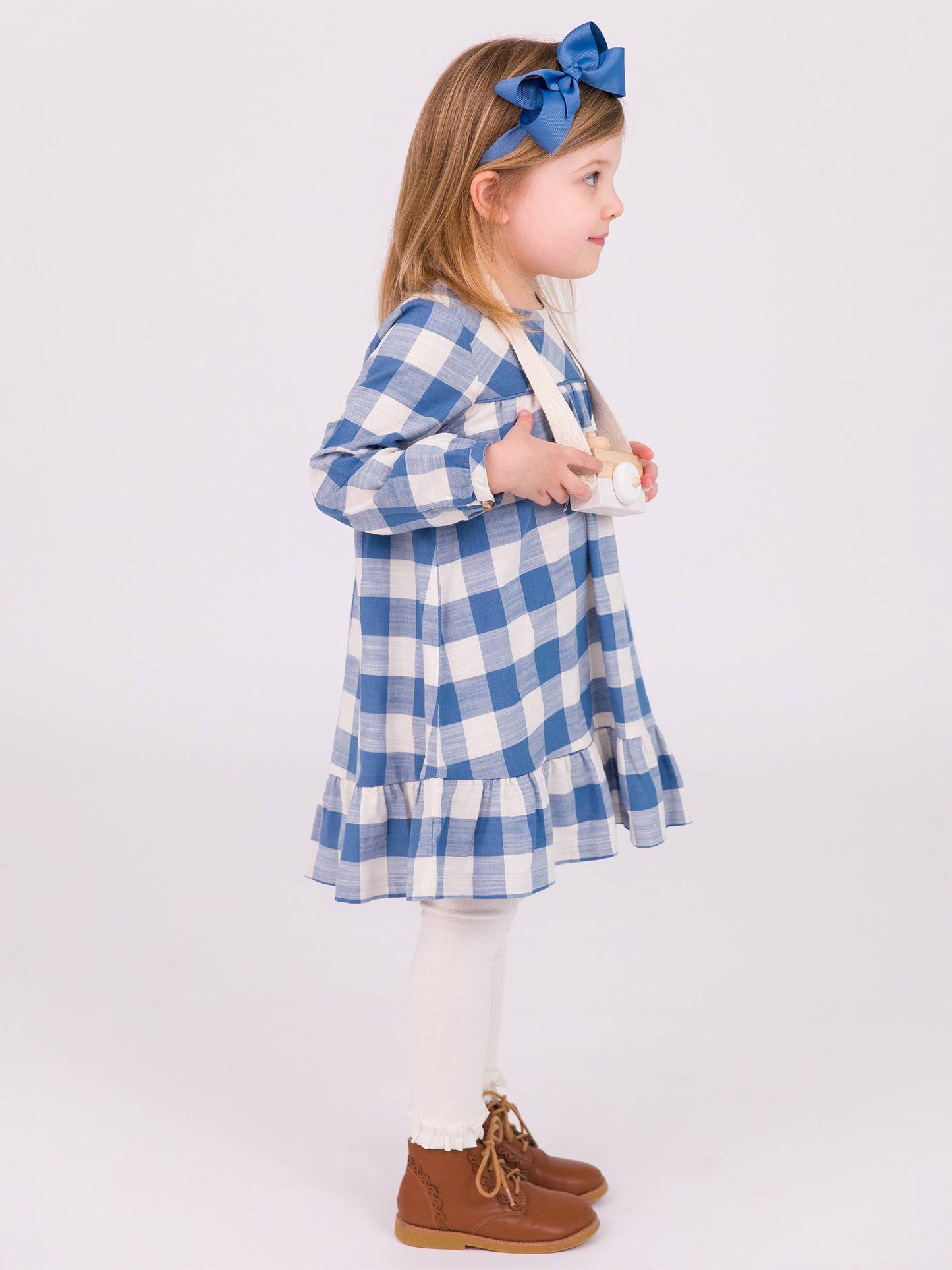 RuffleButts + RuggedButts - Girls Countryside Blue Plaid Long Sleeve Ruffle Hem Dress