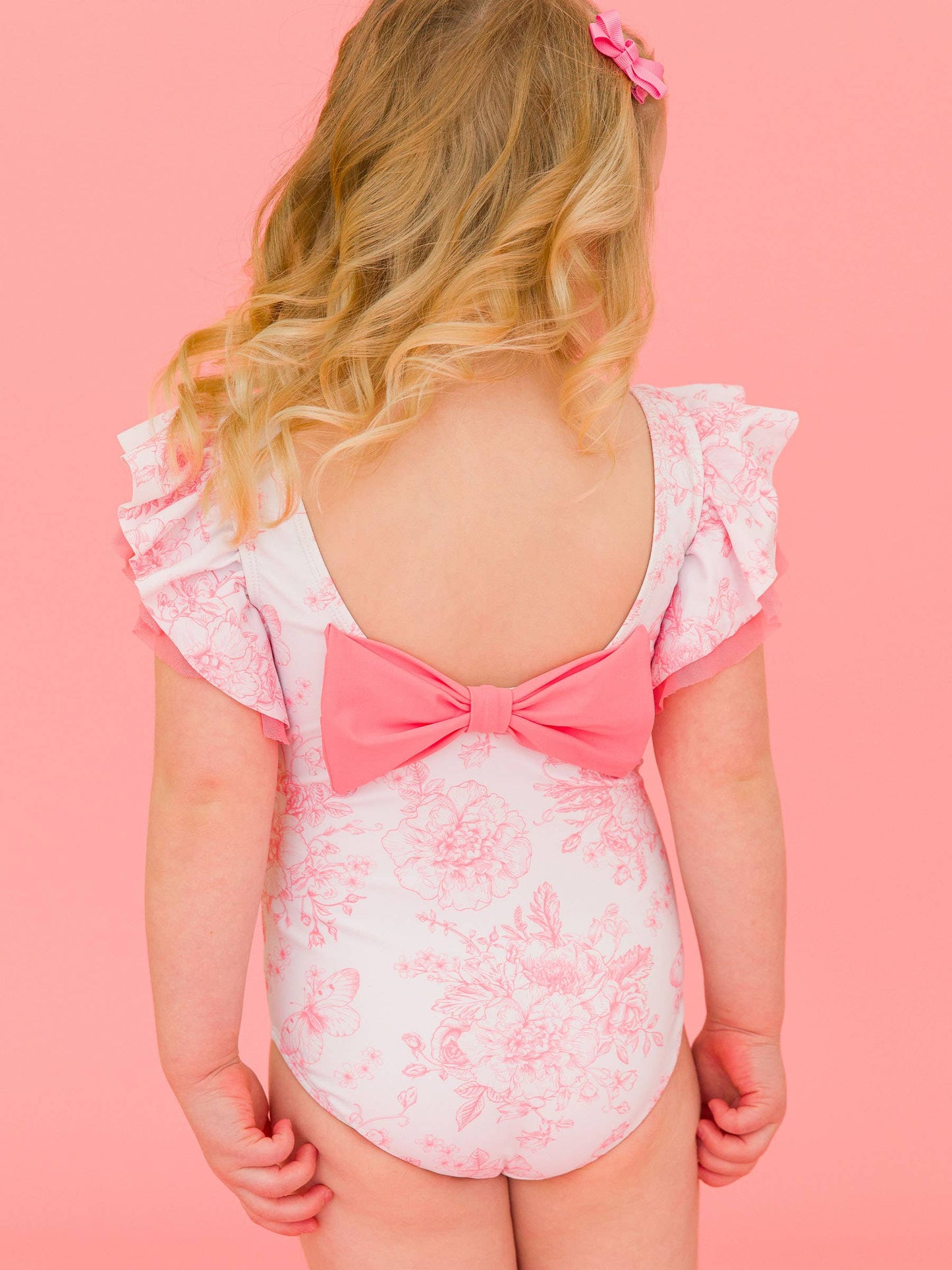 RuffleButts + RuggedButts - Girls Bubblegum Pink Butterfly Garden Toile Butterfly Sleeve One Piece Swimsuit