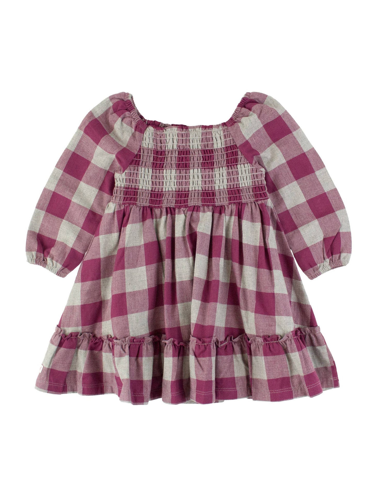 RuffleButts + RuggedButts - Girls Hartford Plaid Long Sleeve Smocked Ruffle Hem Dress