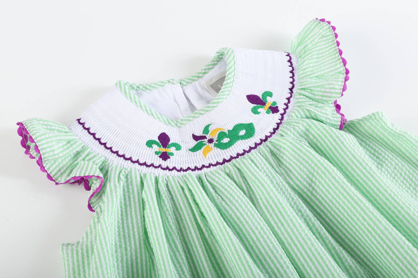 Lil Cactus - Green and Purple Mardi Gras Smocked Bishop Dress