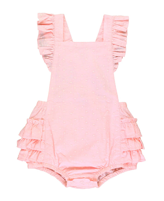 RuffleButts + RuggedButts - Girls Pink Embroidered Vintage Dot Flutter Overall Romper
