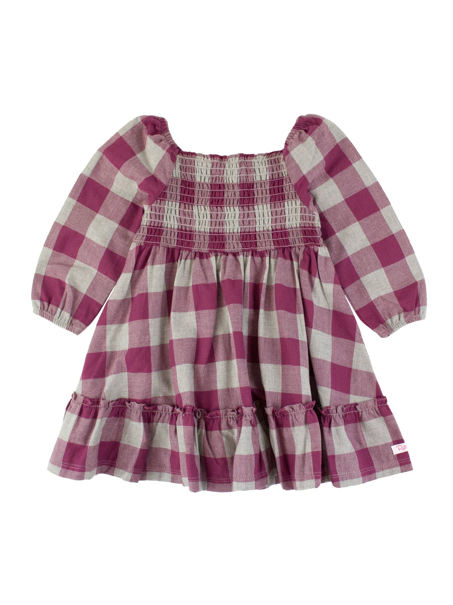 RuffleButts + RuggedButts - Girls Hartford Plaid Long Sleeve Smocked Ruffle Hem Dress