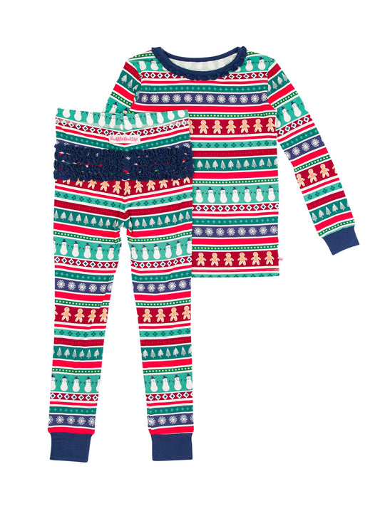 RuffleButts + RuggedButts - Toddler Girls Fair Isle Friends Bamboo Viscose Ruffle Long Sleeve Pajama Set