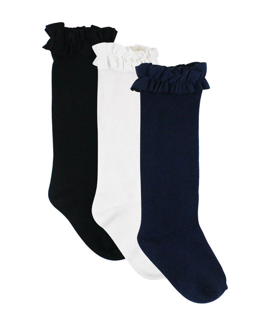 RuffleButts + RuggedButts - Girls 3-Pack Knee High Ruffle Socks - Black, White & Dark Navy