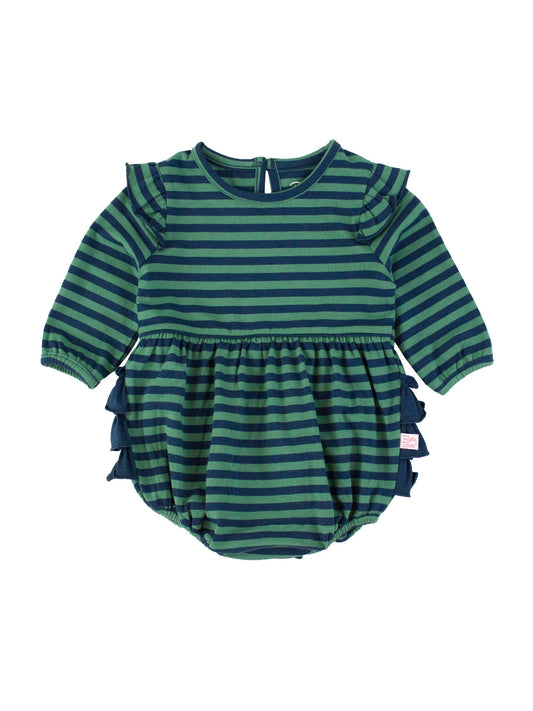 RuffleButts + RuggedButts - Baby Girls Fir Green & Navy Stripe Knit Long Sleeve Flutter Bubble Romper