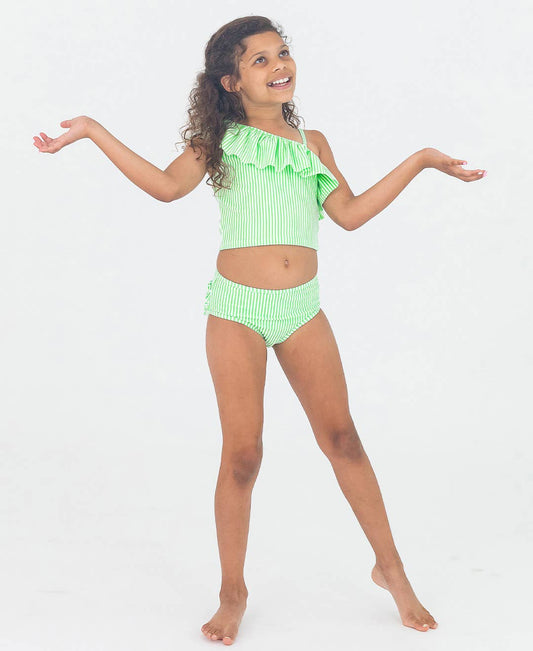 RuffleButts + RuggedButts - Girls Spring Green Seersucker One Shoulder Ruffle Tankini 2-Piece Swimsuit with Signature Rear Ruffles