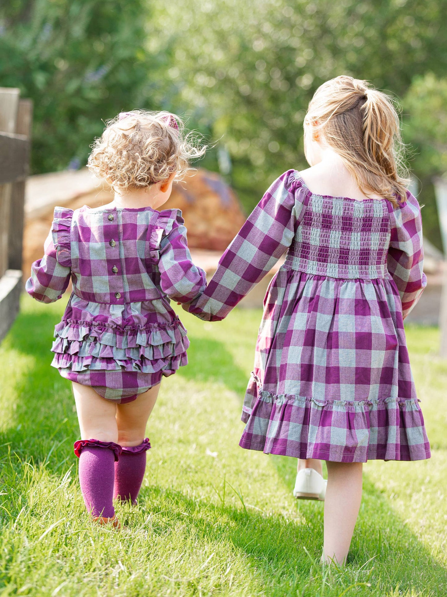 RuffleButts + RuggedButts - Girls Hartford Plaid Long Sleeve Smocked Ruffle Hem Dress