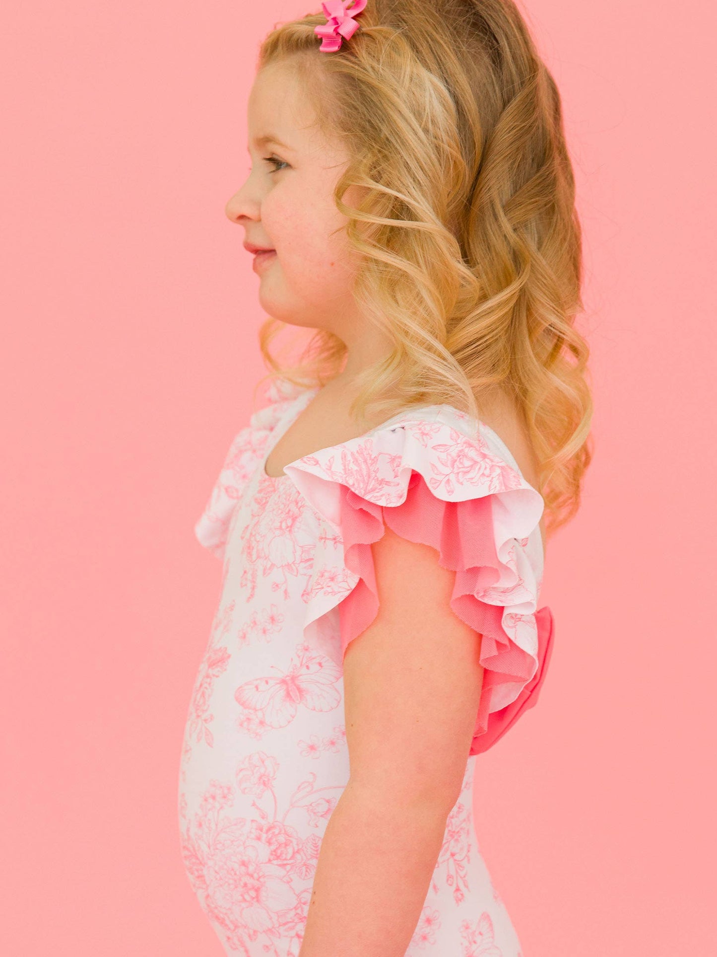 RuffleButts + RuggedButts - Girls Bubblegum Pink Butterfly Garden Toile Butterfly Sleeve One Piece Swimsuit