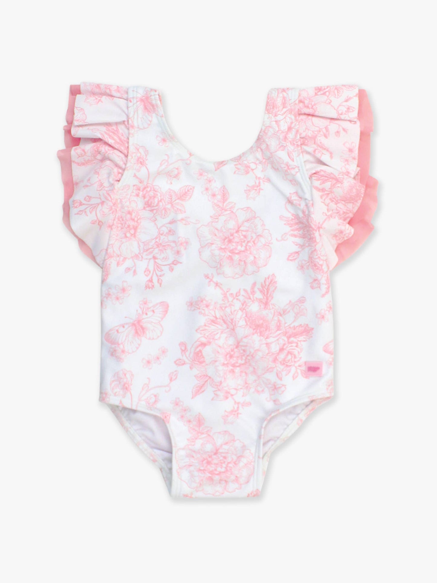 RuffleButts + RuggedButts - Girls Bubblegum Pink Butterfly Garden Toile Butterfly Sleeve One Piece Swimsuit