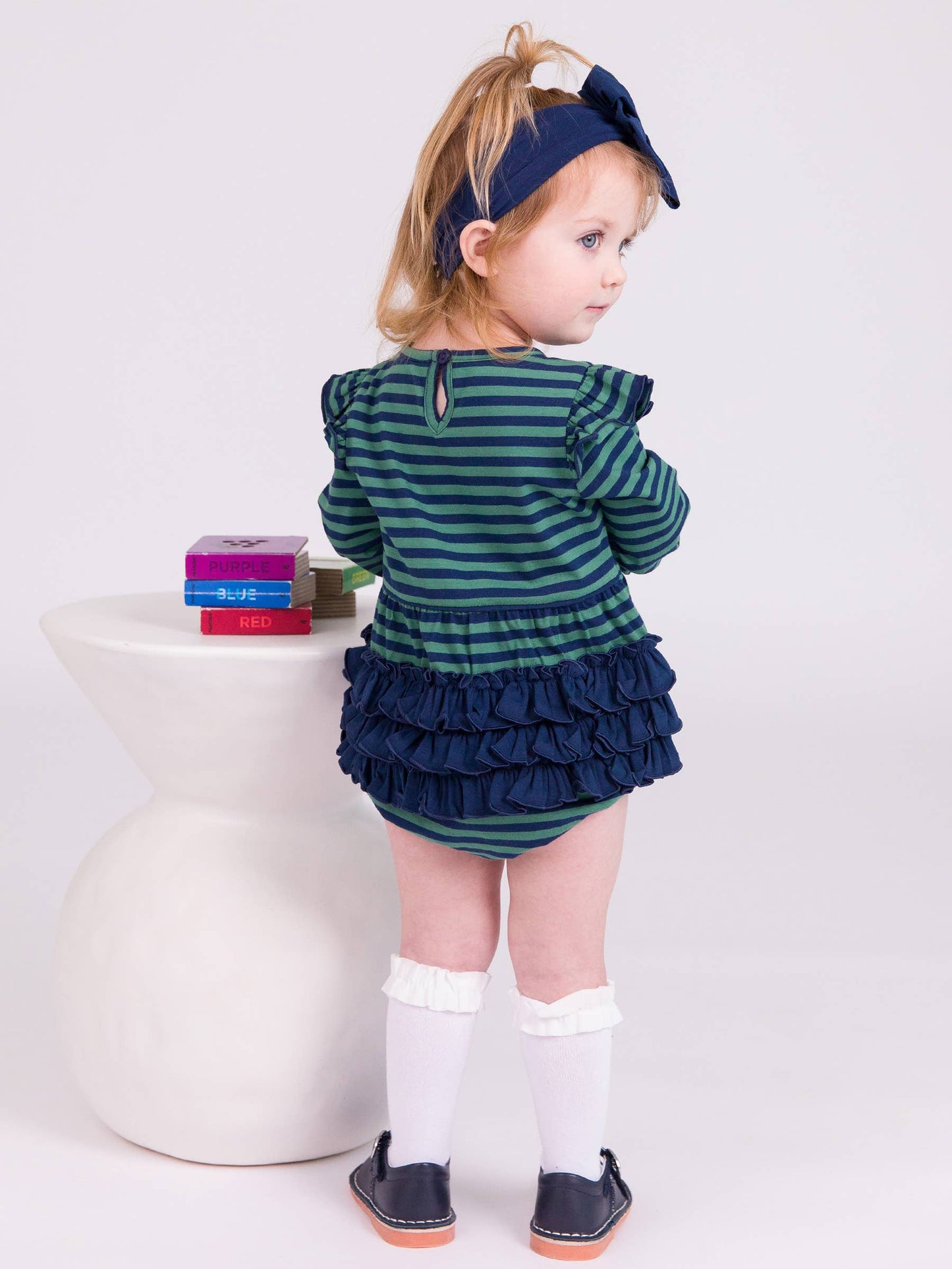 RuffleButts + RuggedButts - Baby Girls Fir Green & Navy Stripe Knit Long Sleeve Flutter Bubble Romper