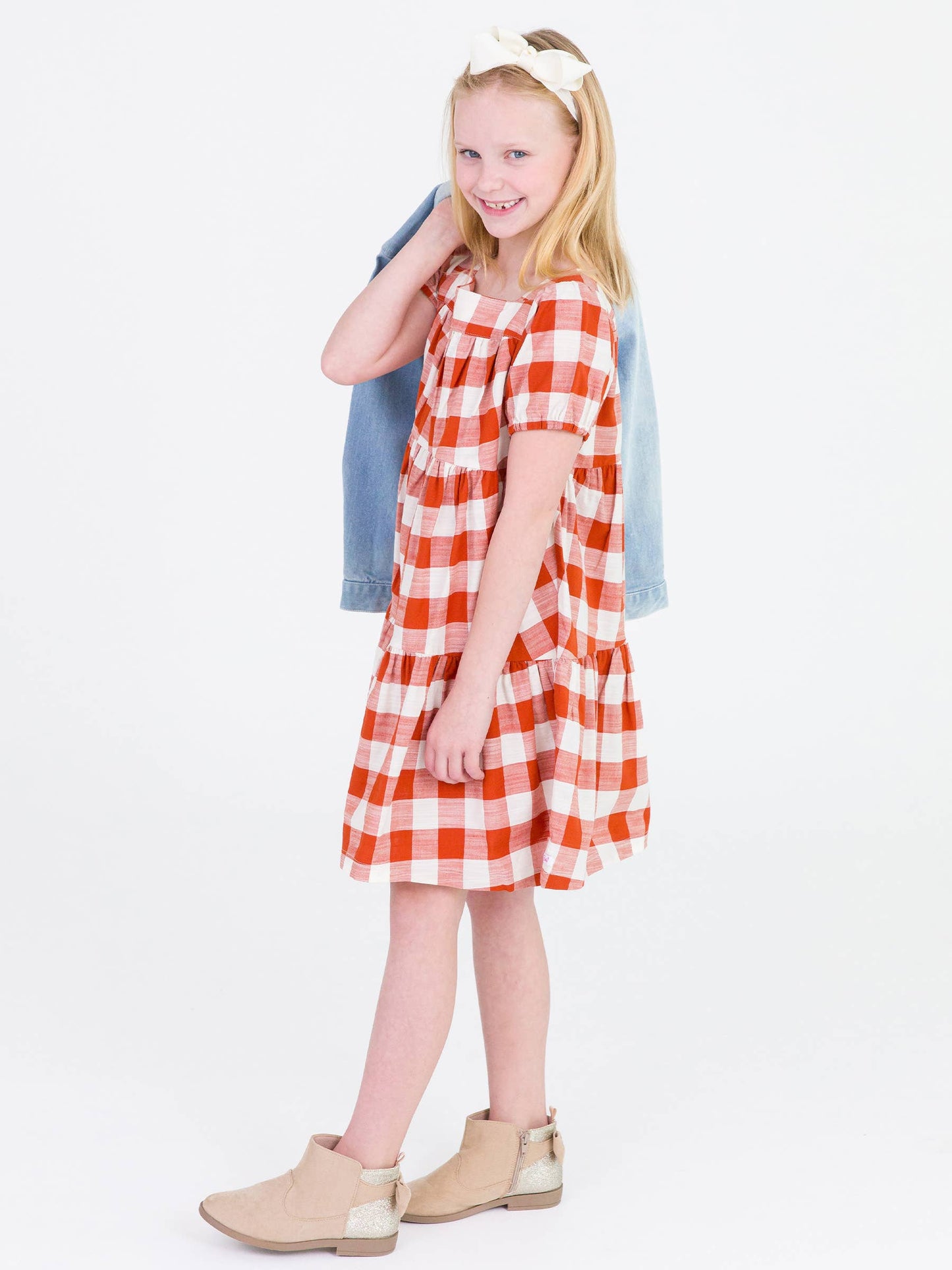 RuffleButts + RuggedButts - Girls Rust Plaid Puff Short Sleeve Tiered Dress