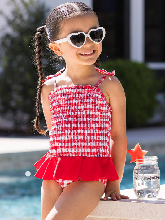 RuffleButts + RuggedButts - Girls Vintage Red Gingham Peplum Smocked Bodice One Piece Swimsuit