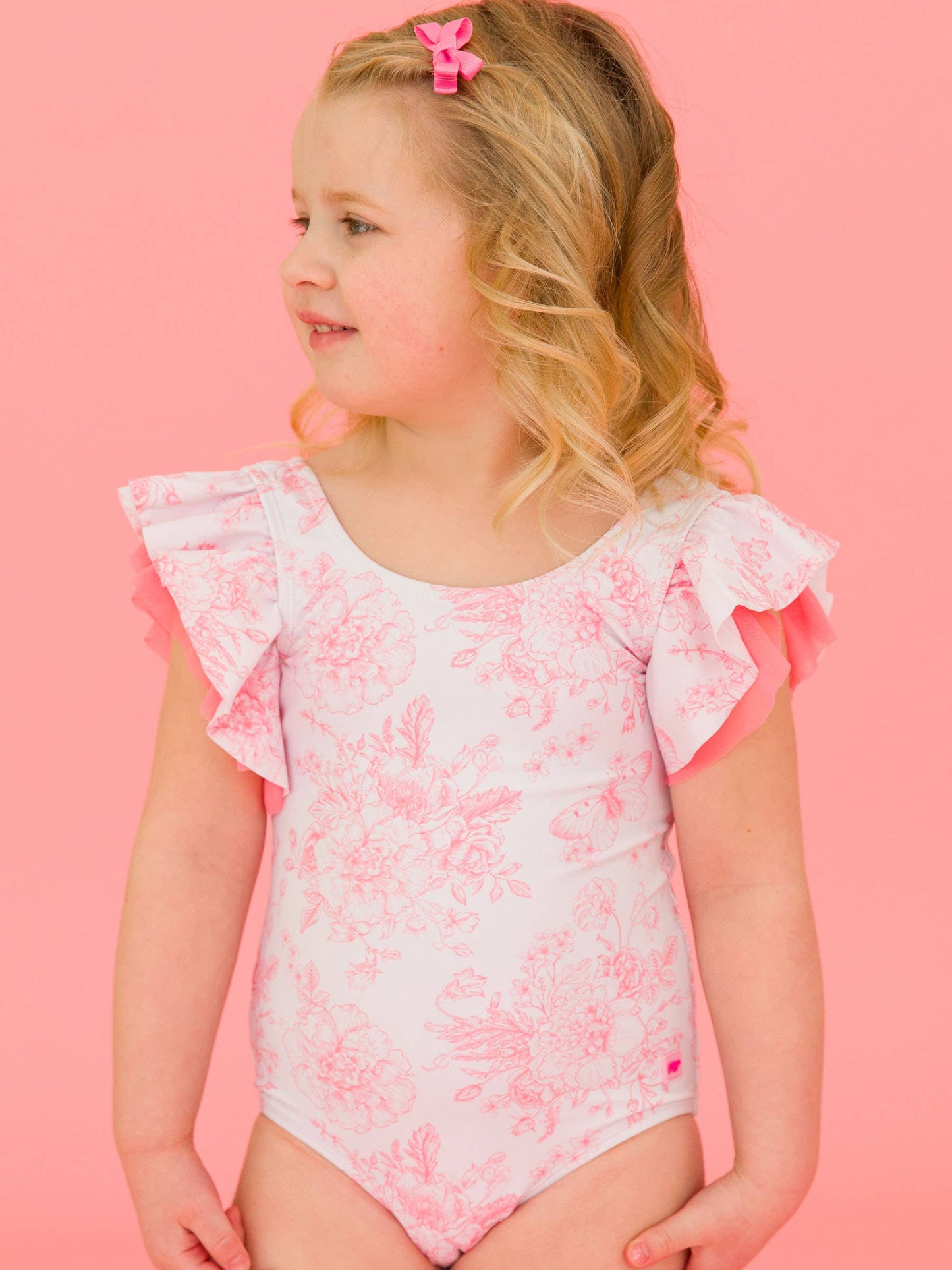 RuffleButts + RuggedButts - Girls Bubblegum Pink Butterfly Garden Toile Butterfly Sleeve One Piece Swimsuit