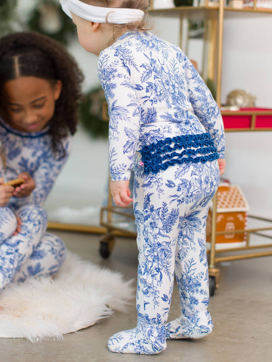 RuffleButts + RuggedButts - Baby Girls Winter Bliss Toile Modal Footed Ruffle One Piece Pajama
