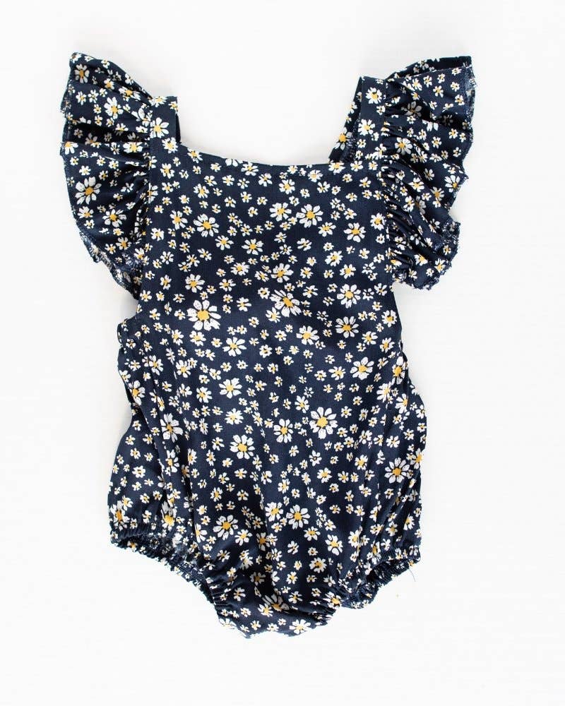 Bailey's Blossoms - Shiloh Ruffle Back Romper - Navy Daisy