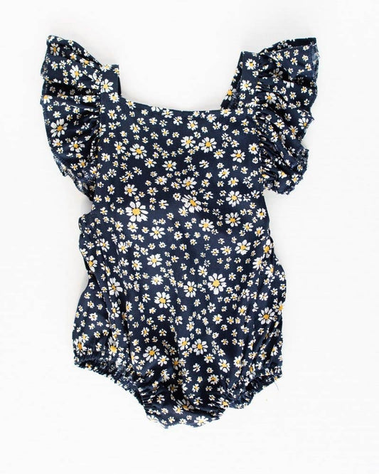 Bailey's Blossoms - Shiloh Ruffle Back Romper - Navy Daisy