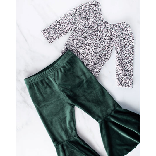 Bailey's Blossoms - Lina Pleated Velour Bell Bottoms - Hunter