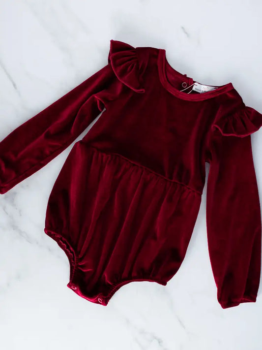 Bailey's Blossoms - Rhodes Velour Bubble Shorty Romper - Candy Apple Red