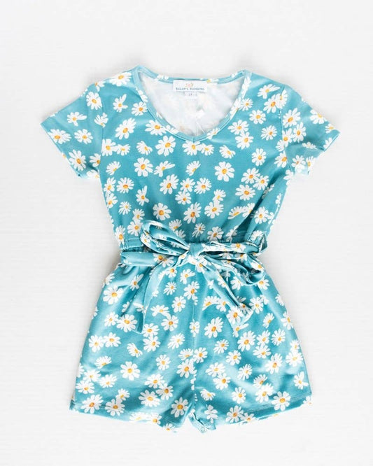 Bailey's Blossoms - Samantha Short Sleeve Shorty Romper - Turquoise Floral
