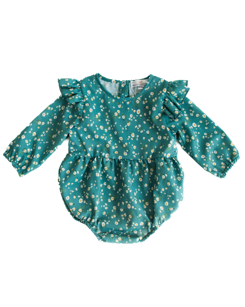 Bailey's Blossoms - Rhodes Bubble Shorty Romper - Viridian Green Daisies