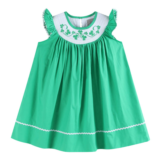 Lil Cactus - Green St. Patrick's Day Shamrock Smocked Bishop Dress: 12-18M