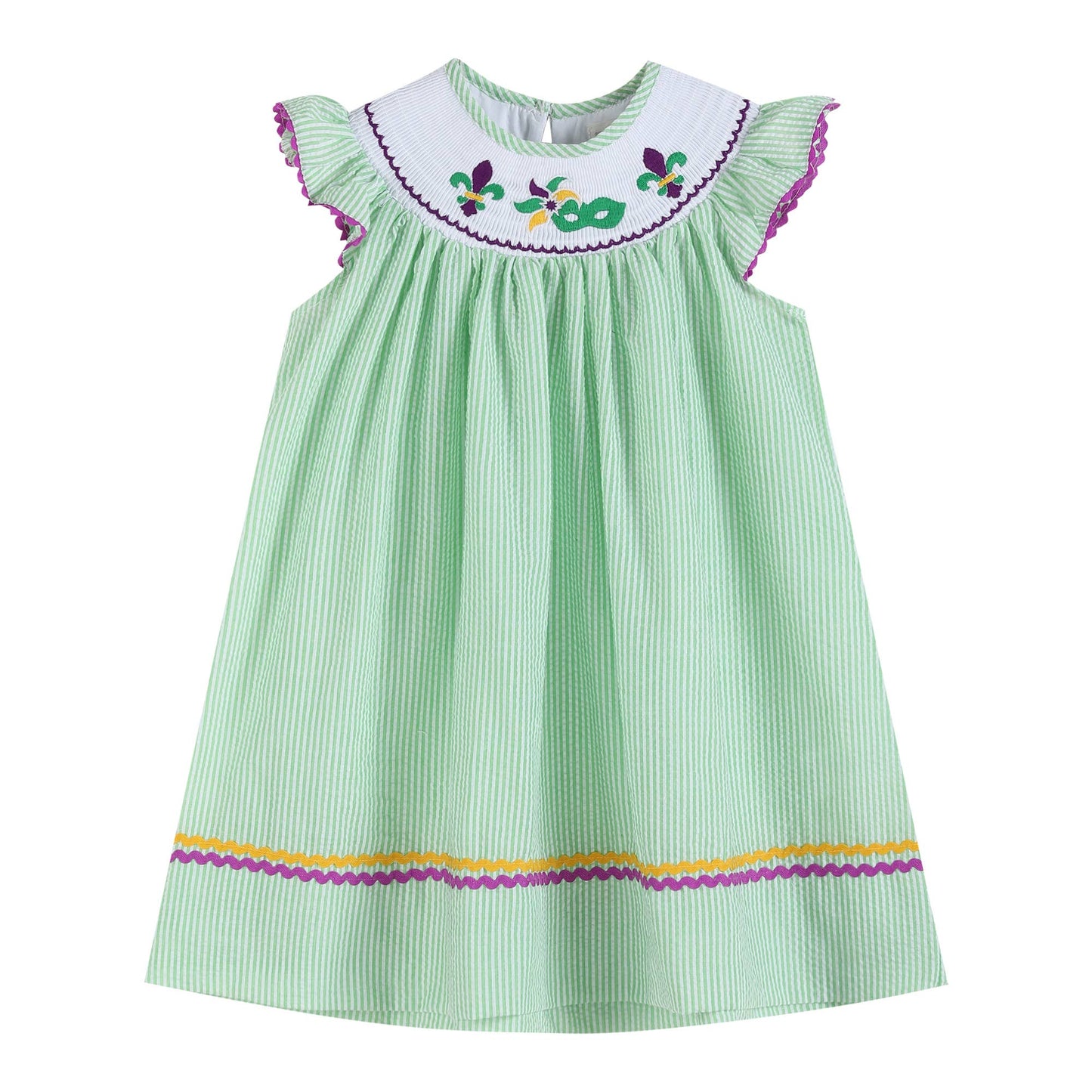 Lil Cactus - Green and Purple Mardi Gras Smocked Bishop Dress