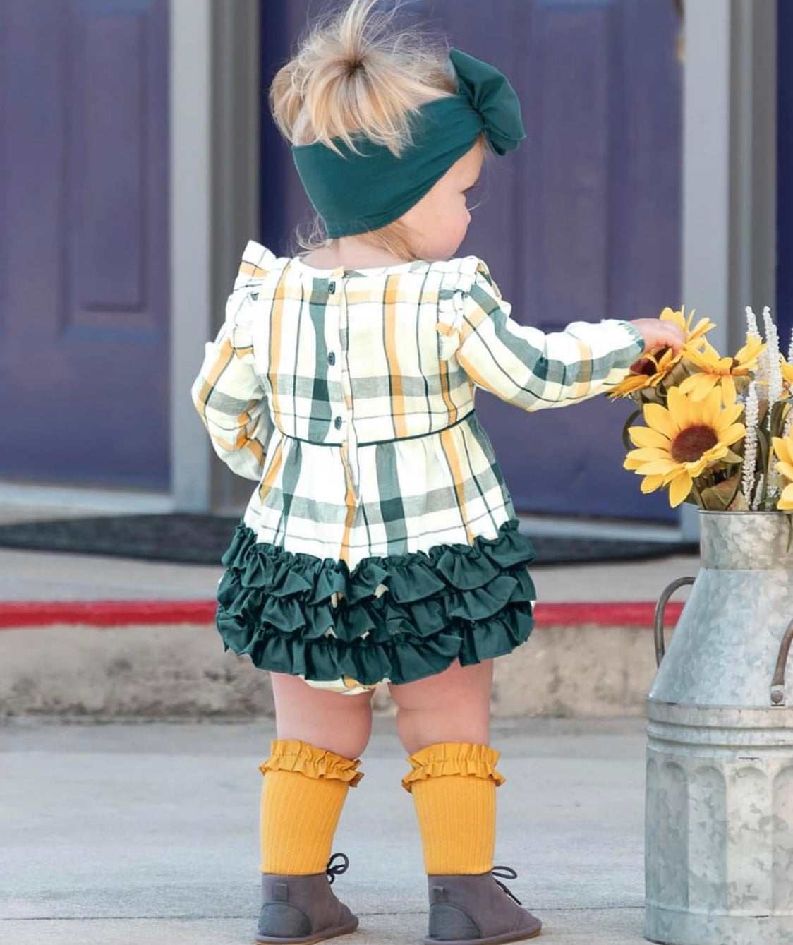 RuffleButts Aspen Plaid Ruffle Bubble Romper