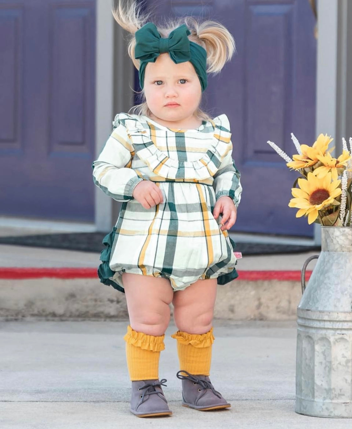 RuffleButts Aspen Plaid Ruffle Bubble Romper