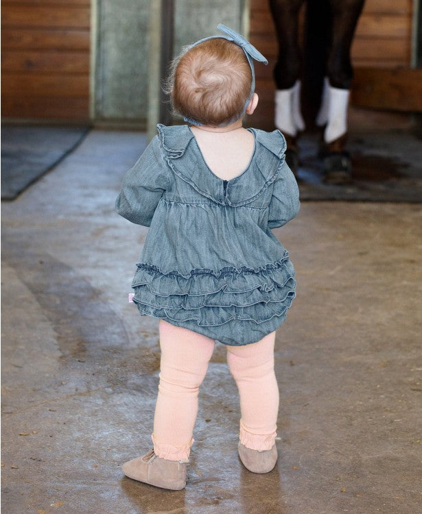 RuffleButts Light Wash Denim V Back Romper