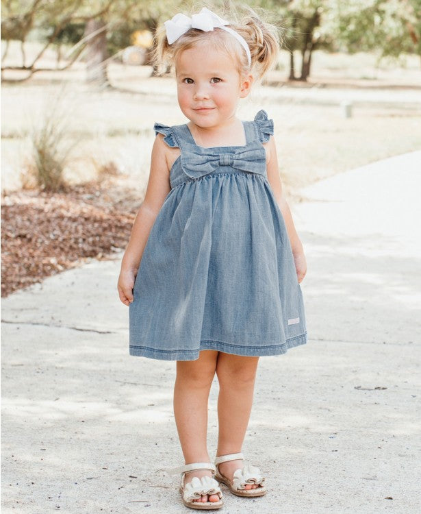RuffleButts Light Wash Denim Flutter Bow Dress