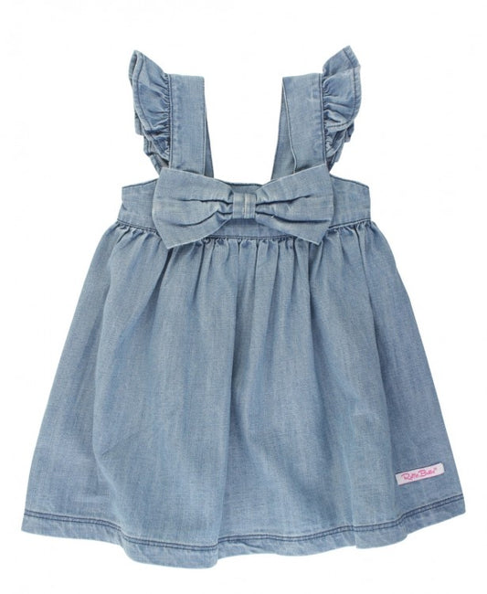 RuffleButts Light Wash Denim Flutter Bow Dress