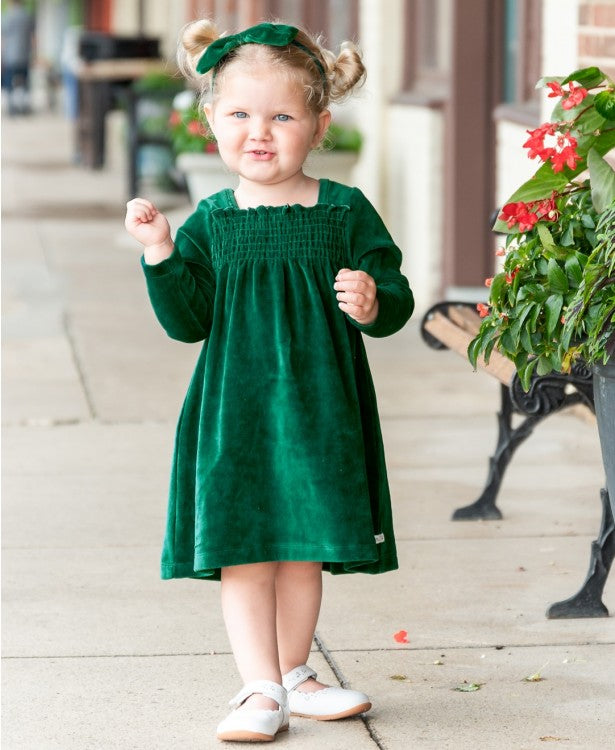 RuffleButts Evergreen Velour Smocked Dress
