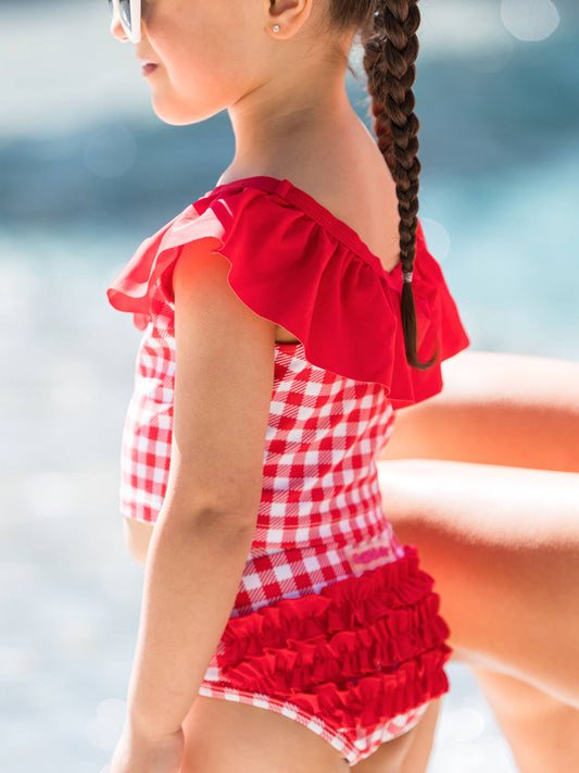 RuffleButts + RuggedButts - Girls Vintage Red Gingham Ruffle Tankini 2-Piece Swimsuit with Signature Rear Ruffles