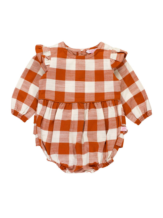 RuffleButts + RuggedButts - Baby Girls Rust Plaid Woven Flutter Bubble Romper