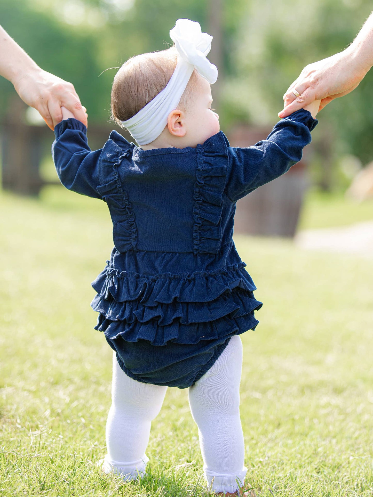 RuffleButts + RuggedButts - Baby Girls Dark Navy Stretch Corduroy Waterfall Bubble Romper