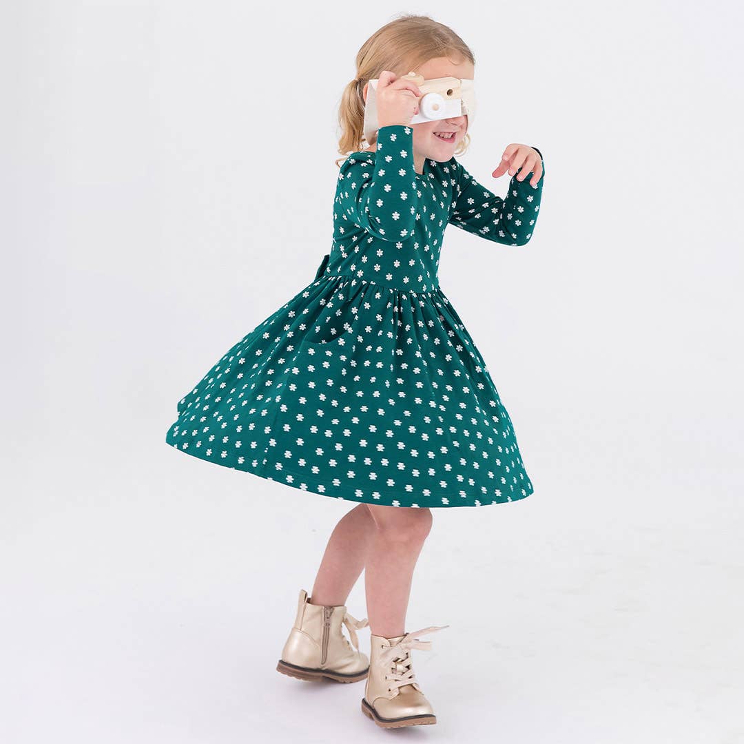 RuffleButts - Teal Buds Knit Long Sleeve Twirl Dress