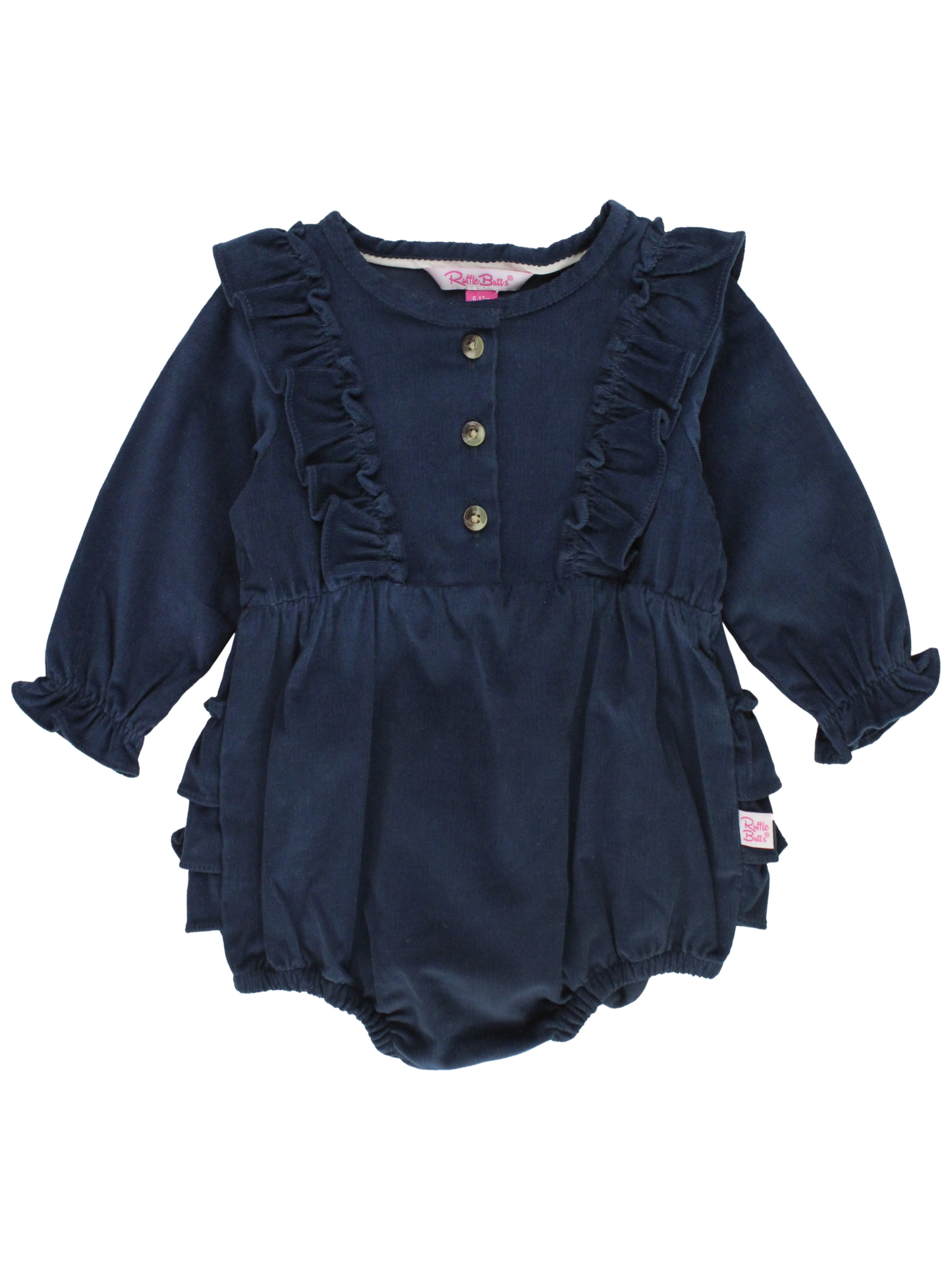 RuffleButts + RuggedButts - Baby Girls Dark Navy Stretch Corduroy Waterfall Bubble Romper