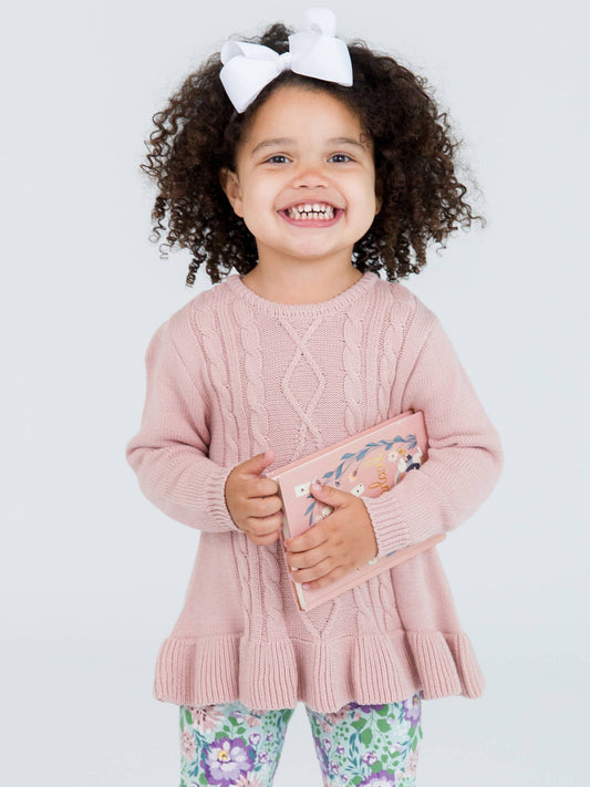 RuffleButts + RuggedButts - Girls Pale Mauve Ruffle Hem Cable Knit Sweater
