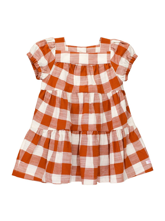 RuffleButts + RuggedButts - Girls Rust Plaid Puff Short Sleeve Tiered Dress