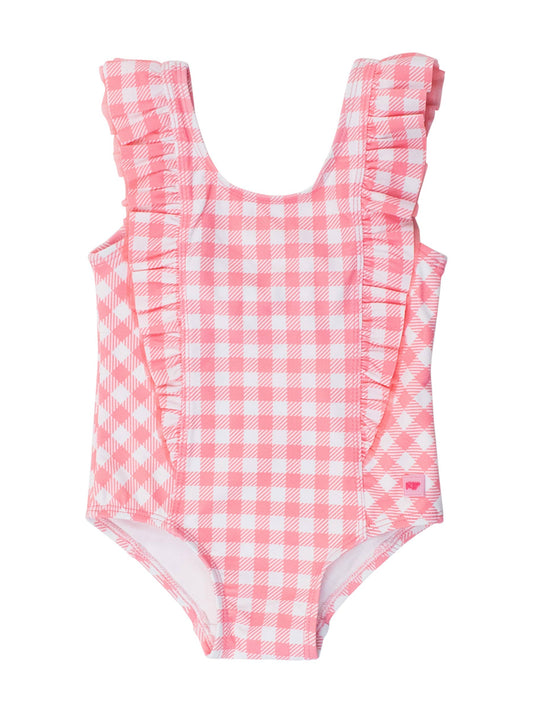 RuffleButts + RuggedButts - Girls Bubblegum Pink Gingham Waterfall One Piece Swimsuit