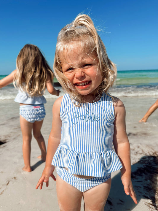RuffleButts + RuggedButts - Girls Periwinkle Blue Seersucker Peplum Tankini 2-Piece Swimsuit with Signature Rear Ruffles