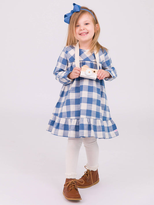 RuffleButts + RuggedButts - Girls Countryside Blue Plaid Long Sleeve Ruffle Hem Dress