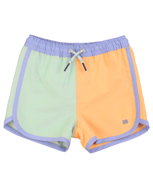 RuffleButts + RuggedButts - Boys Periwinkle, Frost Green, and Ginger Color Block Dolphin Hem Swim Trunks