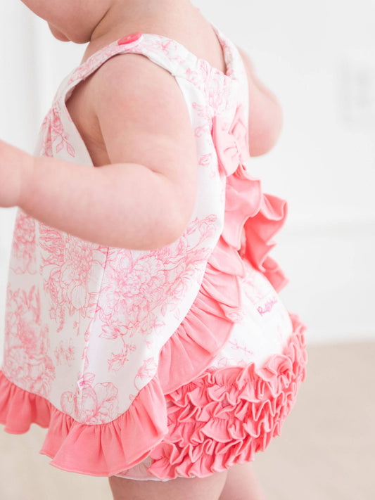 RuffleButts + RuggedButts - Baby Girls Bubblegum Pink Butterfly Garden Toile Knit Swing Top and Bloomer Set
