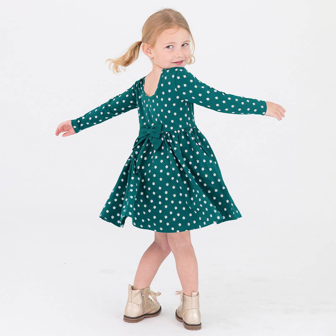 RuffleButts - Teal Buds Knit Long Sleeve Twirl Dress