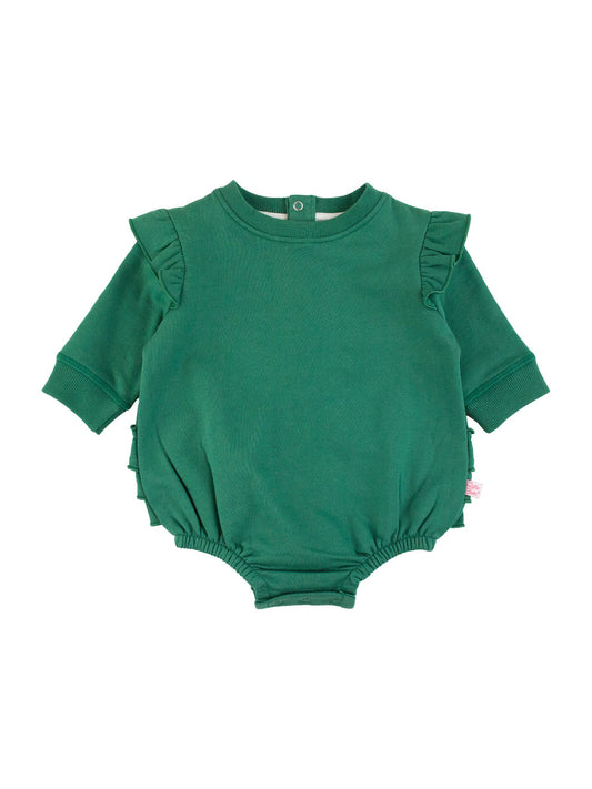 RuffleButts + RuggedButts - Baby Girls Fir Green Sweatshirt Bubble Romper